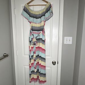 Lane Bryant Stripe Off The Shoulder Maxi Dress Womens Size 18/20 Belt Pockets